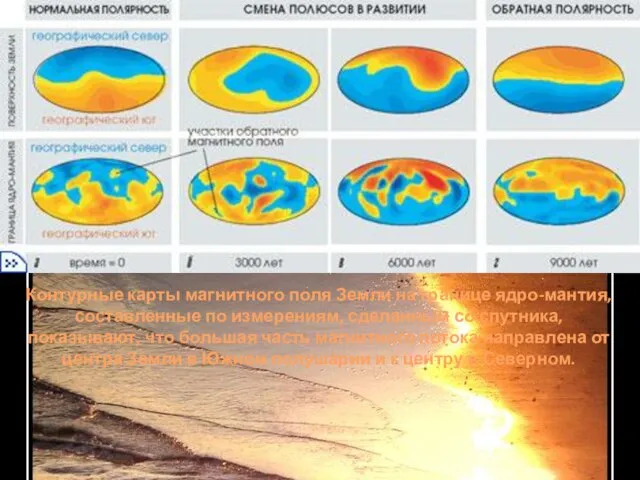 Контурные карты магнитного поля Земли на границе ядро-мантия, составленные по измерениям, сделанным