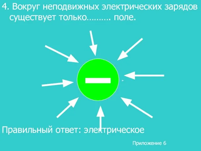 4. Вокруг неподвижных электрических зарядов существует только………. поле. Правильный ответ: электрическое Приложение 6