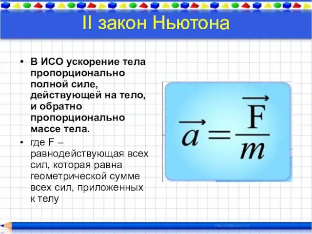 II закон Ньютона В ИСО ускорение тела пропорционально полной силе, действующей на