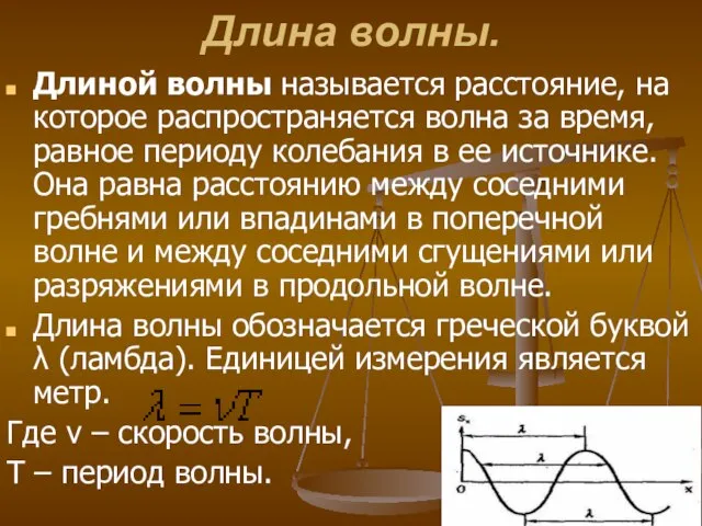 Длина волны. Длиной волны называется расстояние, на которое распространяется волна за время,