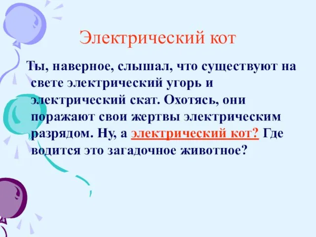 Электрический кот Ты, наверное, слышал, что существуют на свете электрический угорь и