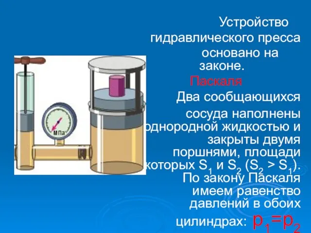 Устройство гидравлического пресса основано на законе. Паскаля Два сообщающихся сосуда наполнены однородной