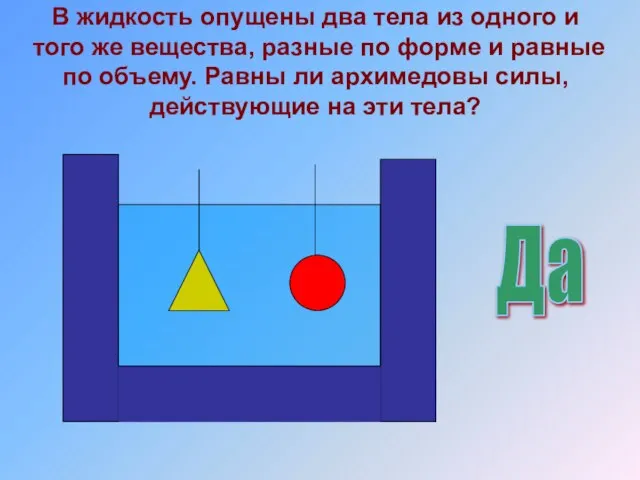 В жидкость опущены два тела из одного и того же вещества, разные