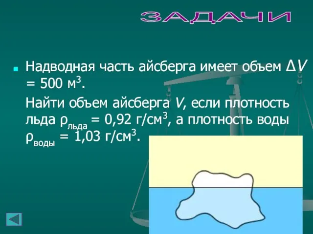 ЗАДАЧИ Надводная часть айсберга имеет объем ΔV = 500 м3. Найти объем