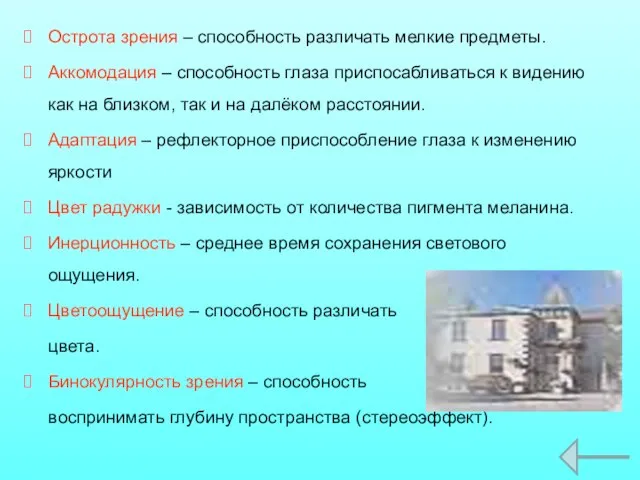 Острота зрения – способность различать мелкие предметы. Аккомодация – способность глаза приспосабливаться