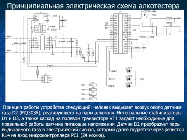 Принципиальная электрическая схема алкотестера Принцип работы устройства следующий: человек выдыхает воздух около