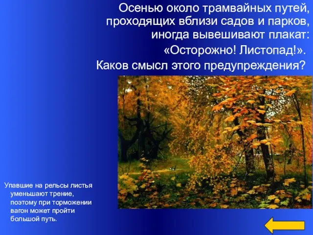 Упавшие на рельсы листья уменьшают трение, поэтому при торможении вагон может пройти