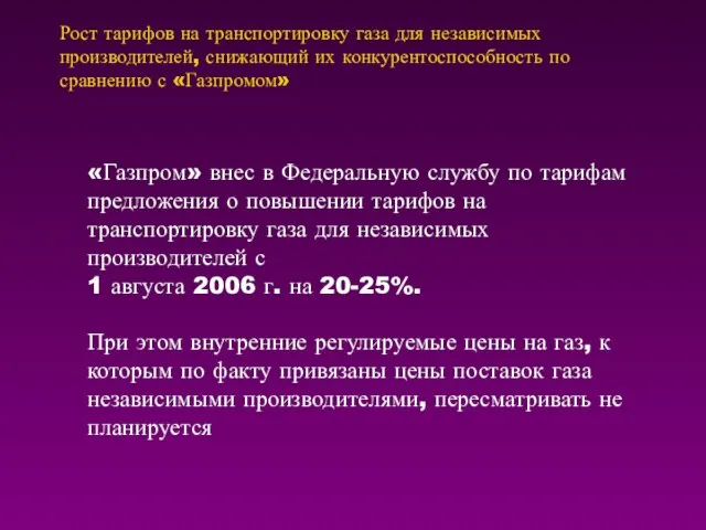 Рост тарифов на транспортировку газа для независимых производителей, снижающий их конкурентоспособность по