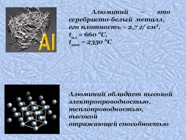 Алюминий – это серебристо-белый металл, его плотность – 2,7 г/ см3, tпл