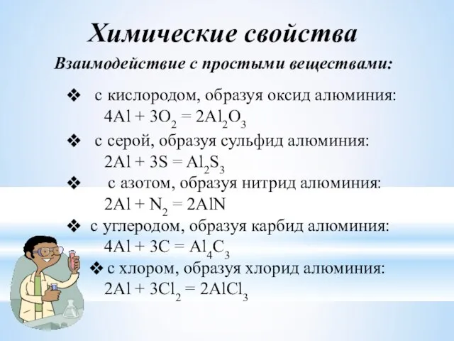 с серой, образуя сульфид алюминия: 2Al + 3S = Al2S3 с азотом,