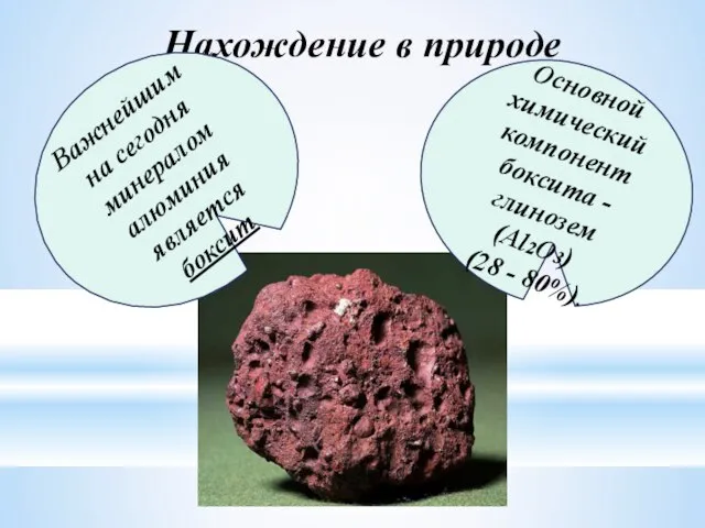 Нахождение в природе Важнейшим на сегодня минералом алюминия является боксит Основной химический