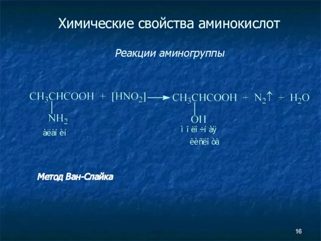 Химические свойства аминокислот Реакции аминогруппы Метод Ван-Слайка