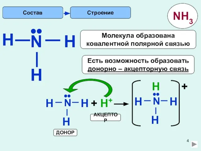 H Строение N H H •• Есть возможность образовать донорно – акцепторную