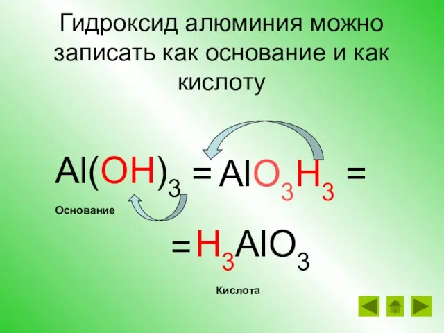 Гидроксид алюминия можно записать как основание и как кислоту Al(OH)3 = H3AlO3