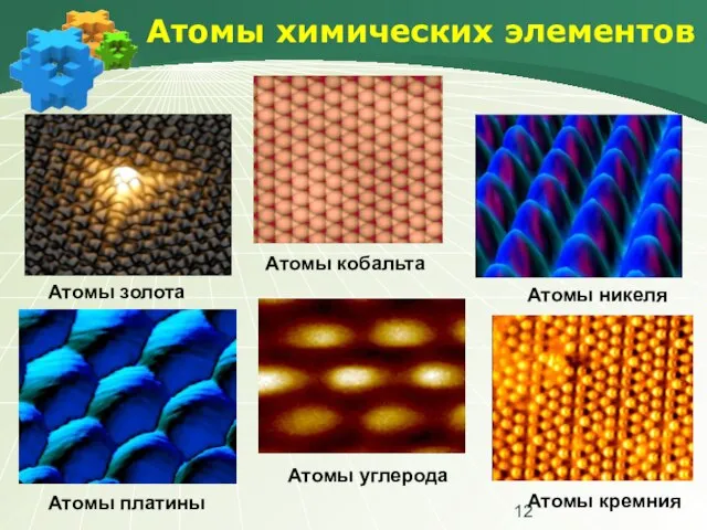 Атомы химических элементов Атомы золота Атомы кобальта Атомы никеля Атомы платины Атомы углерода Атомы кремния