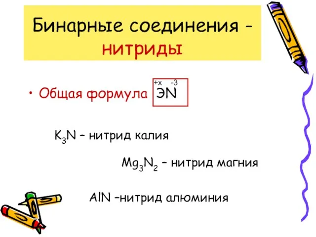 Бинарные соединения - нитриды Общая формула ЭN -3 +x K3N – нитрид