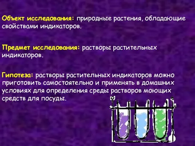 Объект исследования: природные растения, обладающие свойствами индикаторов. Предмет исследования: растворы растительных индикаторов.