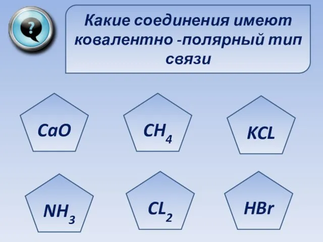 Какие соединения имеют ковалентно -полярный тип связи CaO NH3 CL2 HBr KCL CH4