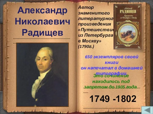 ------------------------------------------------- ------------------------------------------------- ------------------------------------------------- Александр Николаевич Радищев Автор знаменитого литературного произведения «Путешествие из