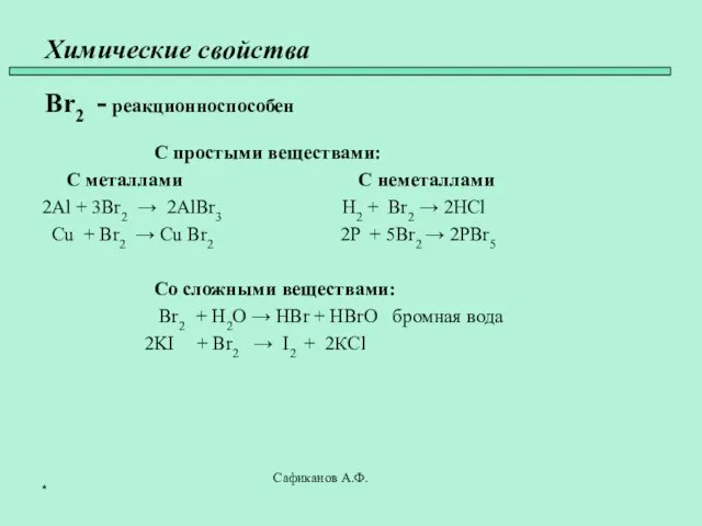 Химические свойства Br2 - реакционноспособен С простыми веществами: С металлами С неметаллами