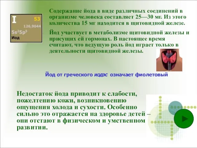 Содержание йода в виде различных соединений в организме человека составляет 25—30 мг.