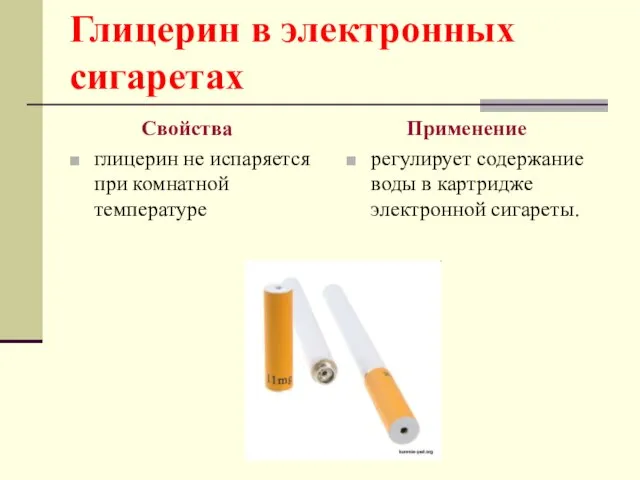Глицерин в электронных сигаретах Свойства глицерин не испаряется при комнатной температуре Применение