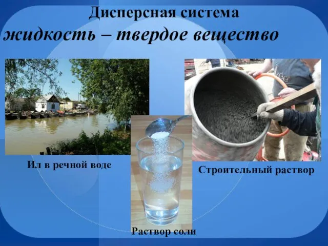 Дисперсная система жидкость – твердое вещество Строительный раствор Ил в речной воде Раствор соли