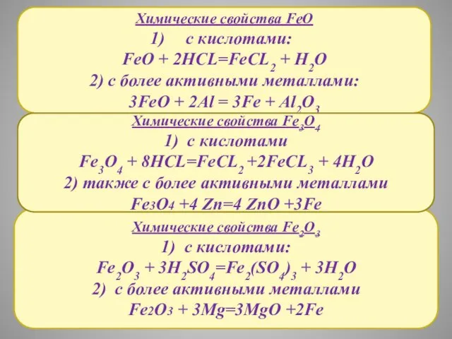 Химические свойства FeO с кислотами: FeO + 2HCL=FeCL2 + H2O 2) с