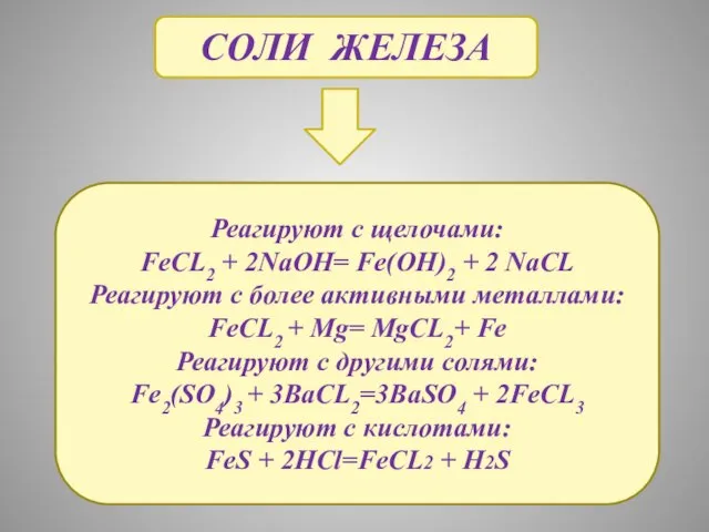 Соли железа Реагируют с щелочами: FeCL2 + 2NaOH= Fe(OH)2 + 2 NaCL