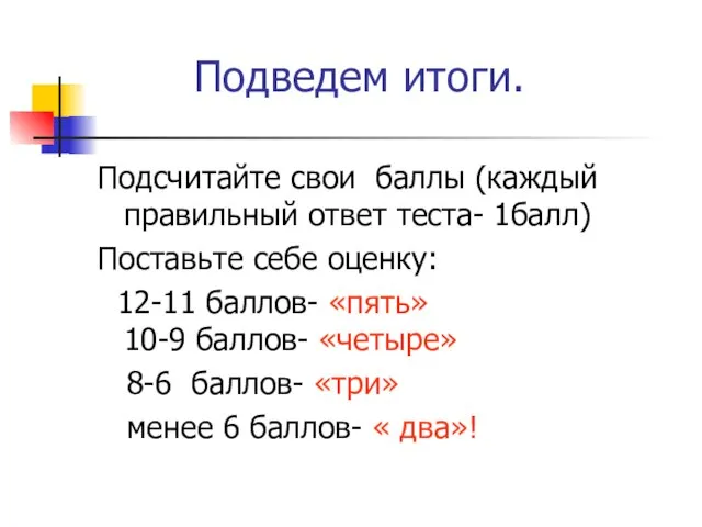 Подведем итоги. Подсчитайте свои баллы (каждый правильный ответ теста- 1балл) Поставьте себе