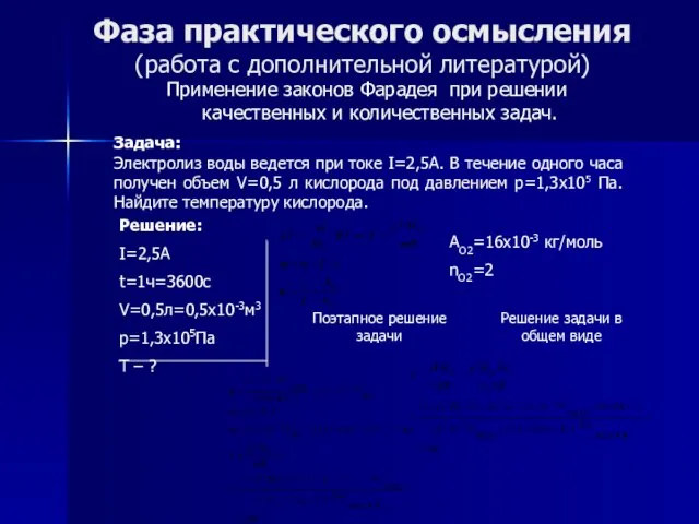 Фаза практического осмысления (работа с дополнительной литературой) Применение законов Фарадея при решении