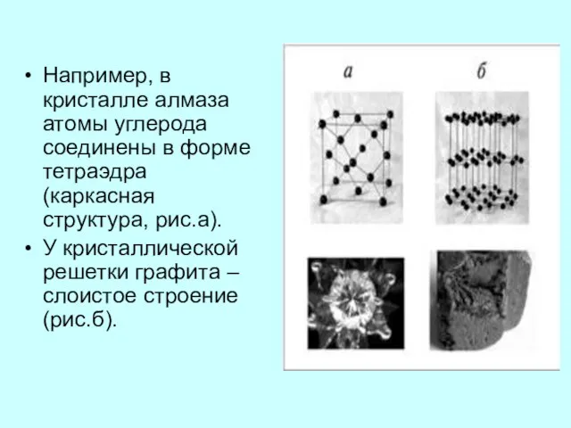 Например, в кристалле алмаза атомы углерода соединены в форме тетраэдра (каркасная структура,