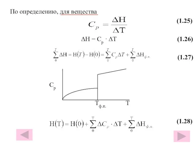 По определению, для вещества (1.25) ΔH = Cp · ΔT (1.26) (1.27) Cр Тф.п. Т (1.28)