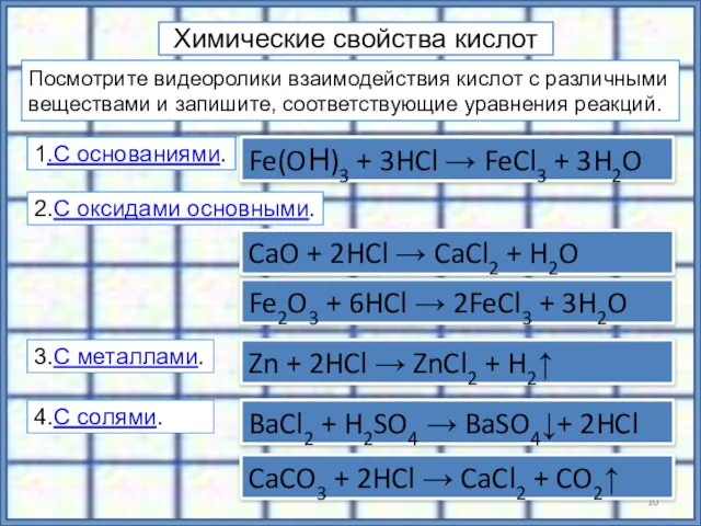 Химические свойства кислот Zn + 2HCl → ZnCl2 + H2↑ BaCl2 +