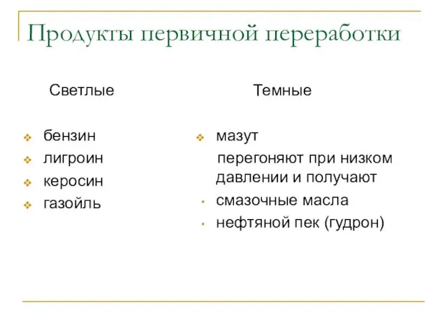 Продукты первичной переработки Светлые бензин лигроин керосин газойль Темные мазут перегоняют при