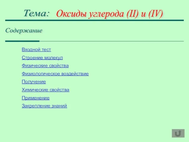 Оксиды углерода (II) и (IV) Тема: Содержание Входной тест Строение молекул Физические