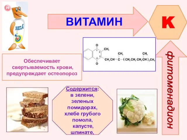 ВИТАМИН K Обеспечивает свертываемость крови, предупреждает остеопороз Содержится: в зелени, зеленых помидорах,