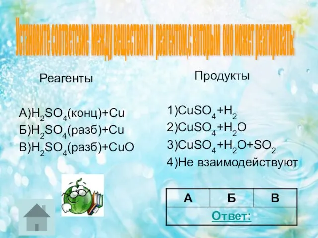 Реагенты А)H2SO4(конц)+Cu Б)H2SO4(разб)+Cu В)H2SO4(разб)+CuO Продукты 1)CuSO4+H2 2)CuSO4+H2O 3)CuSO4+H2O+SO2 4)Не взаимодействуют Установите соответсвие