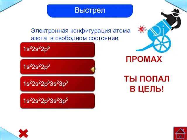 1s22s22p5 Электронная конфигурация атома азота в свободном состоянии 1s22s22p3 1s22s22p63s23p3 1s22s22p63s23p5 Промах