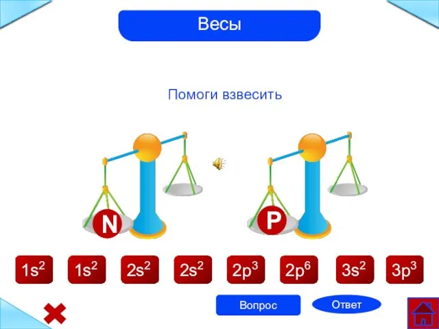 Помоги взвесить 1s2 1s2 2s2 2s2 2p3 2p6 3s2 3p3 Ответ N P Весы Вопрос