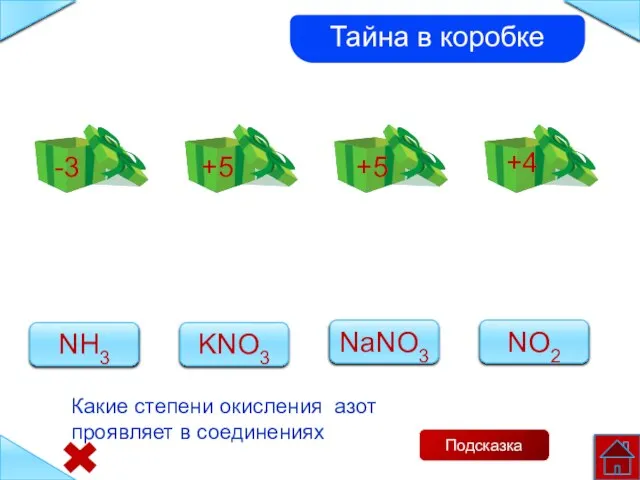 NaNO3 KNO3 NН3 NO2 +5 +5 +4 -3 Подсказка Какие степени окисления