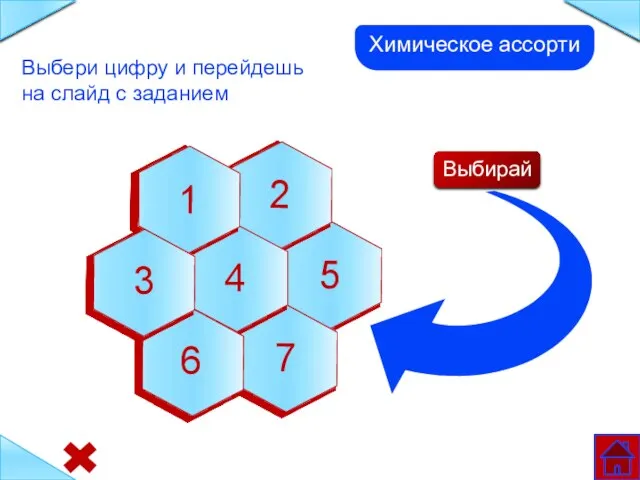 Химическое ассорти Выбирай Выбери цифру и перейдешь на слайд с заданием