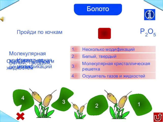 P2O5 Пройди по кочкам Несколько модификаций Молекулярная кристаллическая решетка Белый, твердый Осушитель