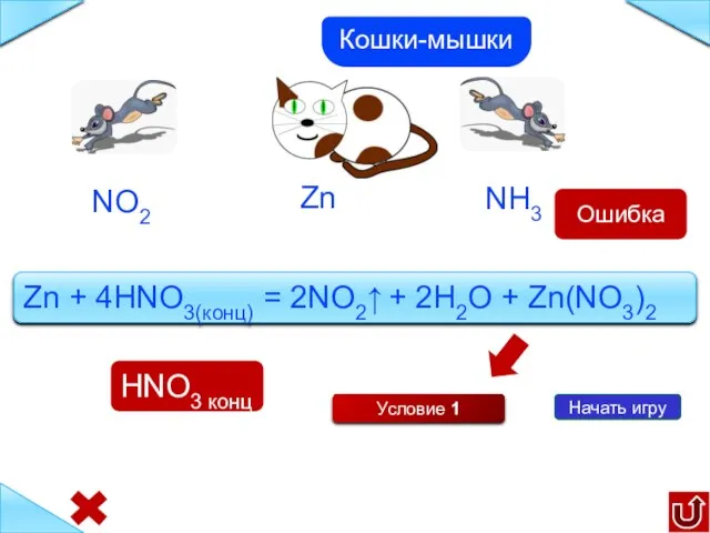 Zn Начать игру NH3 NO2 Условие 1 Zn + 4HNO3(конц) = 2NO2↑