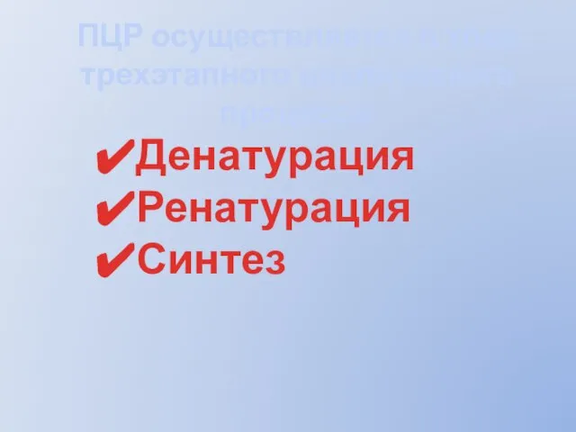 ПЦР осуществляется в ходе трехэтапного циклического процесса: Денатурация Ренатурация Синтез