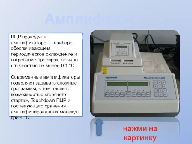 ПЦР проводят в амплификаторе — приборе, обеспечивающем периодическое охлаждение и нагревание пробирок,