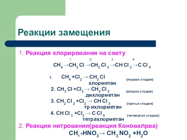 Реакции замещения 1. Реакция хлорирования на свету 1 2 3 4 СН4