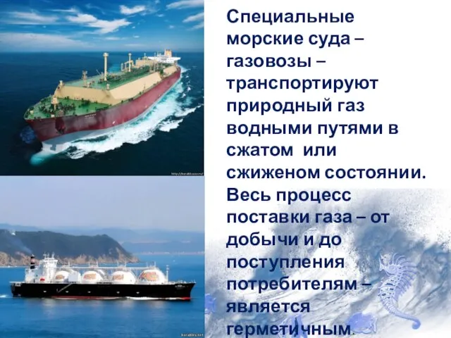 Специальные морские суда – газовозы – транспортируют природный газ водными путями в