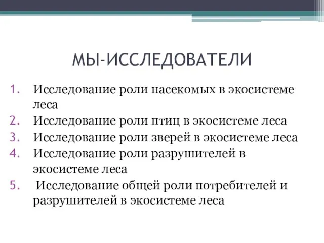 МЫ-ИССЛЕДОВАТЕЛИ Исследование роли насекомых в экосистеме леса Исследование роли птиц в экосистеме