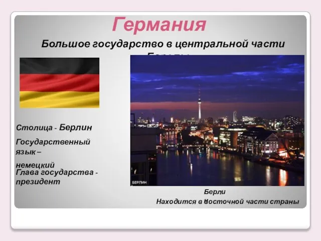Большое государство в центральной части Европы Столица - Берлин Находится в восточной